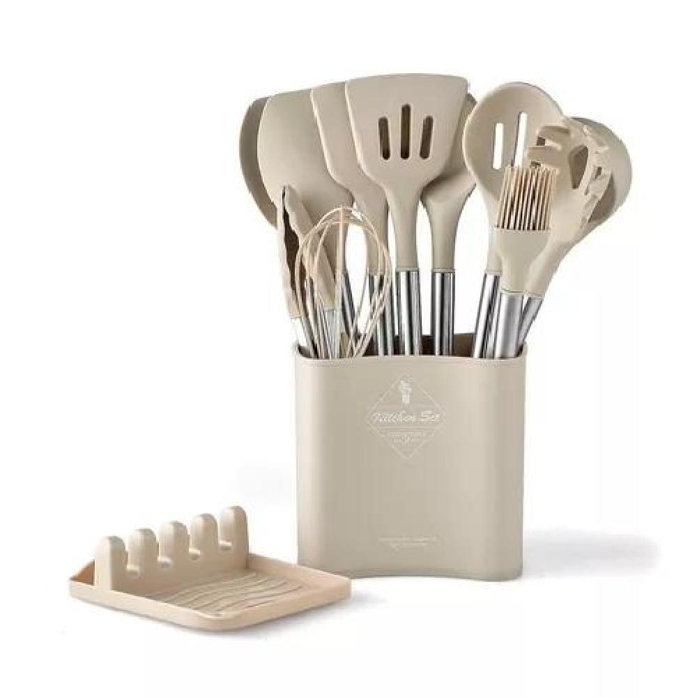 SET 13 UTENSILIOS DE COCINA DE ACERO INOXIDABLE Y SILICONA - 1