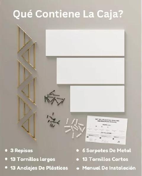 REPISAS FLOTANTES DE MADERA MULTIPROPÓSITO KIT 3 BLANCO CON DORADO - 4