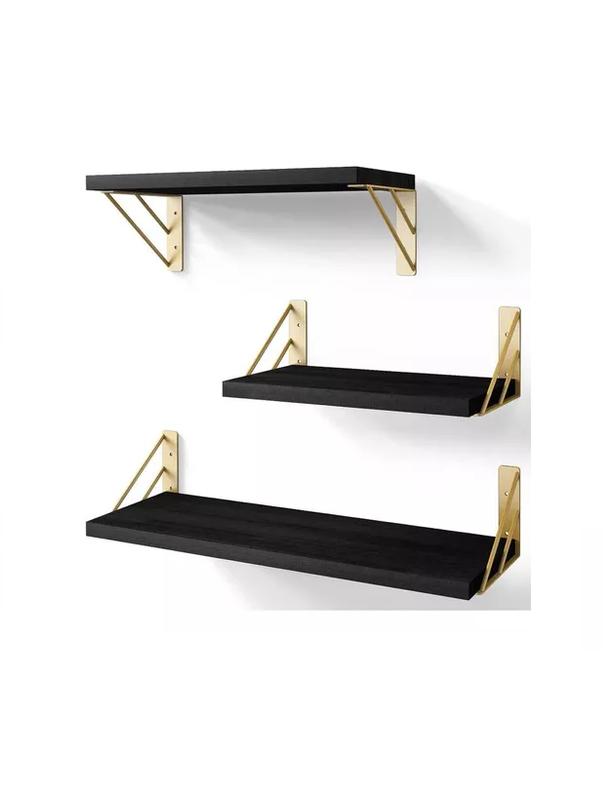REPISAS FLOTANTES DE MADERA MULTIPROPÓSITO KIT 3 NEGRO CON DORADO - 2