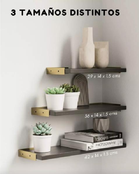 REPISAS FLOTANTES DE MADERA MULTIPROPÓSITO KIT 3 NEGRO CON DORADO - 3