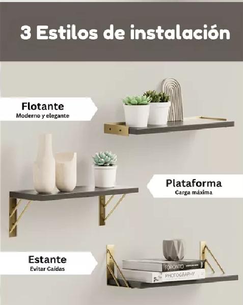 REPISAS FLOTANTES DE MADERA MULTIPROPÓSITO KIT 3 NEGRO CON DORADO - 4