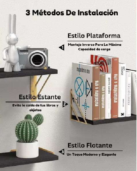 REPISAS FLOTANTES DE MADERA MULTIPROPÓSITO KIT 3 NEGRO CON DORADO - 5