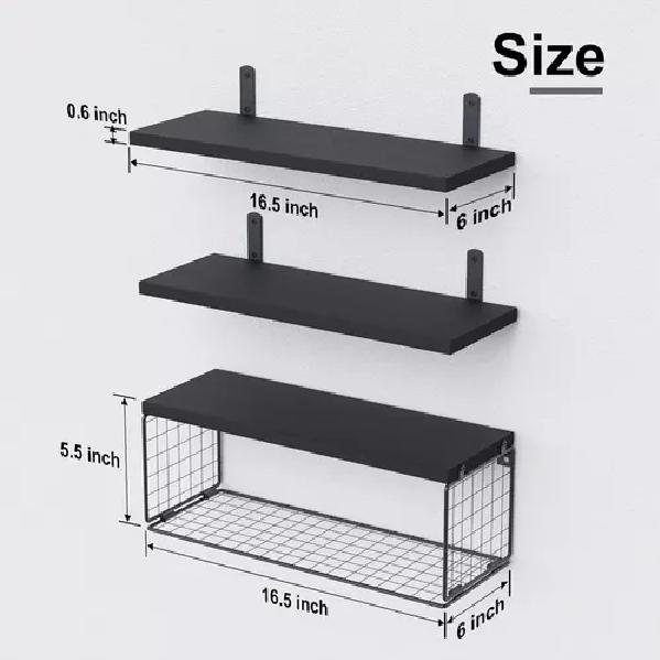 REPISAS FLOTANTES DE MADERA MODERNAS X3 CON REJA PINO NEGRO - 2
