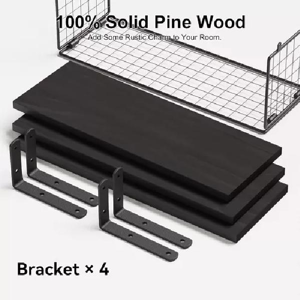REPISAS FLOTANTES DE MADERA MODERNAS X3 CON REJA PINO NEGRO - 3