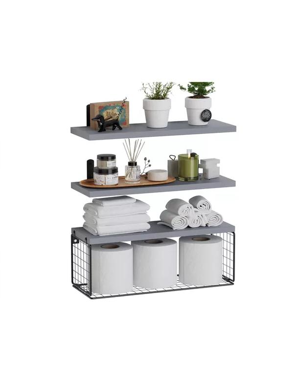 REPISAS FLOTANTES DE MADERA MODERNAS X3 CON REJA 100% PINO GRIS - 1