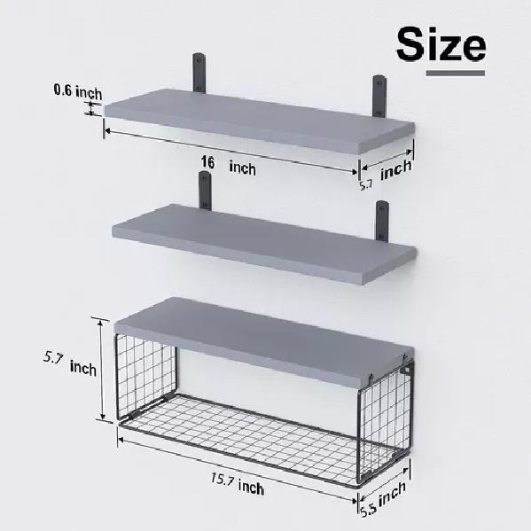 REPISAS FLOTANTES DE MADERA MODERNAS X3 CON REJA 100% PINO GRIS - 2