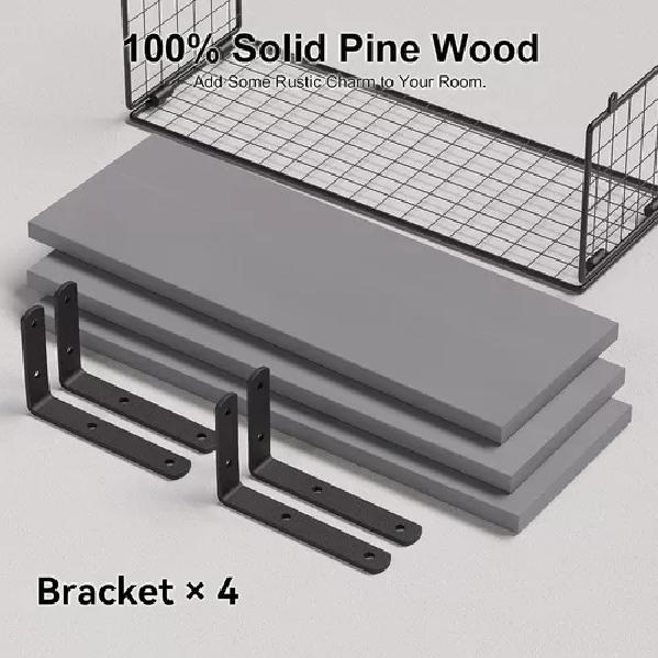 REPISAS FLOTANTES DE MADERA MODERNAS X3 CON REJA 100% PINO GRIS - 3