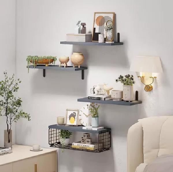 REPISAS FLOTANTES DE MADERA MODERNAS X3 CON REJA 100% PINO GRIS - 4