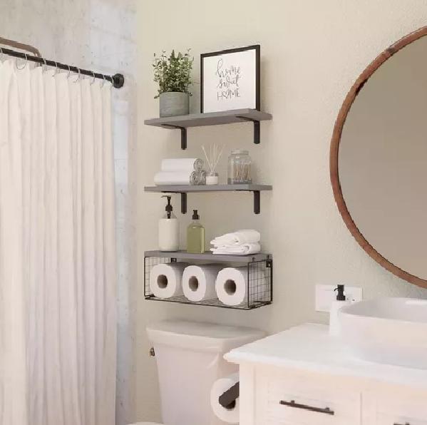 REPISAS FLOTANTES DE MADERA MODERNAS X3 CON REJA 100% PINO GRIS - 5