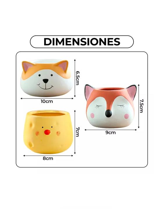 MACETEROS SUCULENTAS ANIMAL FORMA PERRO, ZORRO, POLLITO PACK 3 - 6