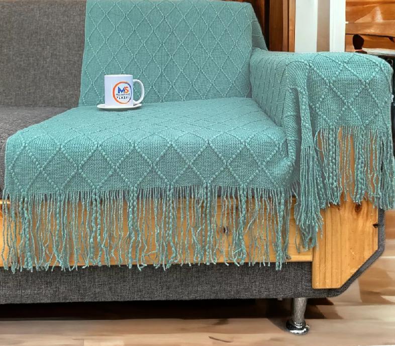 MANTA DECORATIVA TEJIDA PARA SILLÓN, PIECERA O CAMA COLOR TURQUESA - 2