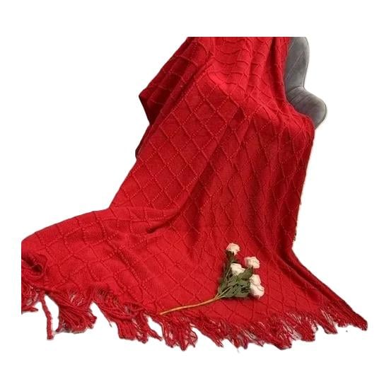 MANTA DECORATIVA TEJIDA PARA SILLÓN, PIECERA O CAMA COLOR ROJO - 1