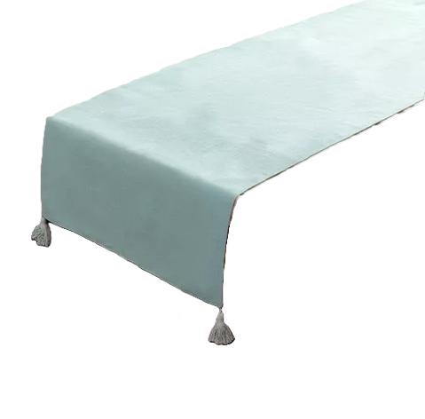 PIECERA PARA CAMA 2 PLAZA - KING EN LINO POMPONES 70X210 CM COLOR AGUA - 1