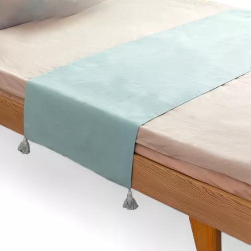 PIECERA PARA CAMA 2 PLAZA - KING EN LINO POMPONES 70X210 CM COLOR AGUA - 2