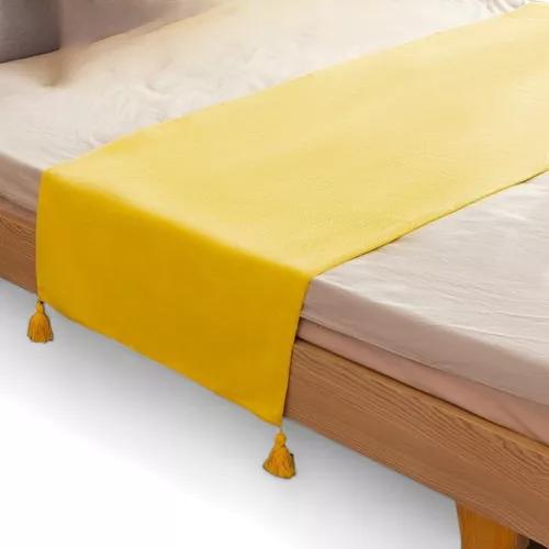 PIECERA PARA CAMA 2 PLAZA - KING EN LINO POMPONES 70X210 CM COLOR AMARILLO - 2