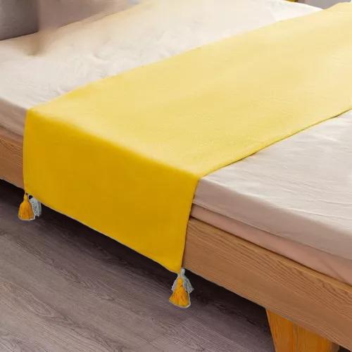 PIECERA PARA CAMA 2 PLAZA - KING EN LINO POMPONES 70X210 CM COLOR AMARILLO - 3