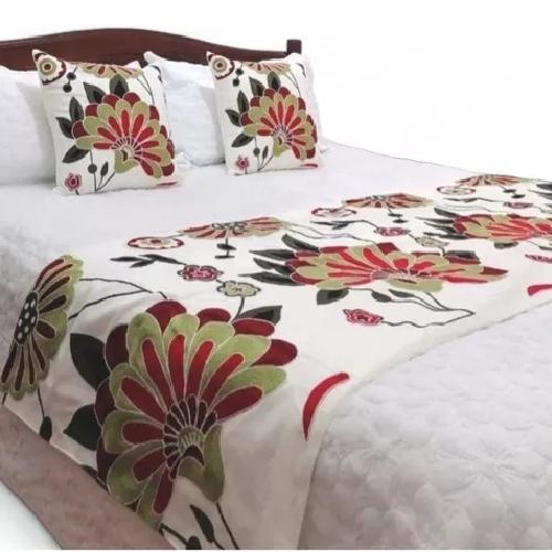 PIECERA BORDADA + 2 FUNDAS DE COJÍN DISEÑO FLORAL 6 COLOR BLANCO - 2