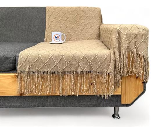 MANTA DECORATIVA TEJIDA PARA SILLÓN, PIECERA O CAMA COLOR BEIGE - 2