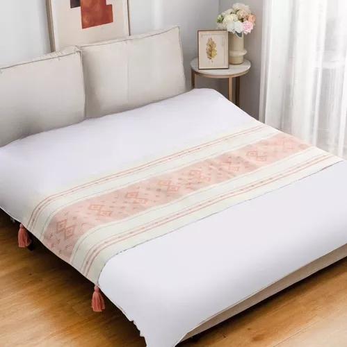 PIECERA PIE DE CAMA TEJIDA ALGODÓN ÉTNICO CON BORLAS KING COLOR PALO ROSA - 2