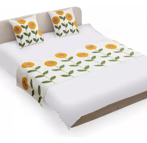 PIECERA BORDADA + 2 FUNDAS DE COJÍN DISEÑO FLORAL 8 COLOR BLANCO - 2