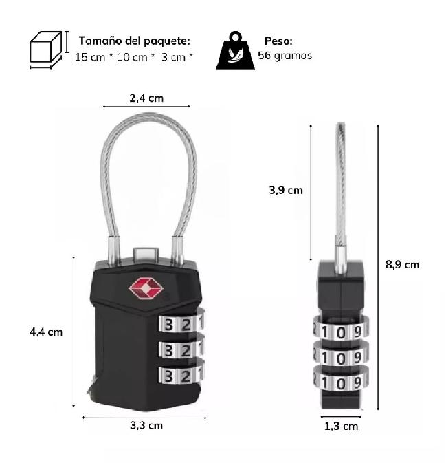 CANDADO DE SEGURIDAD CON CABLE DE ACERO Y CLAVE DE 3 DÍGI... - 3