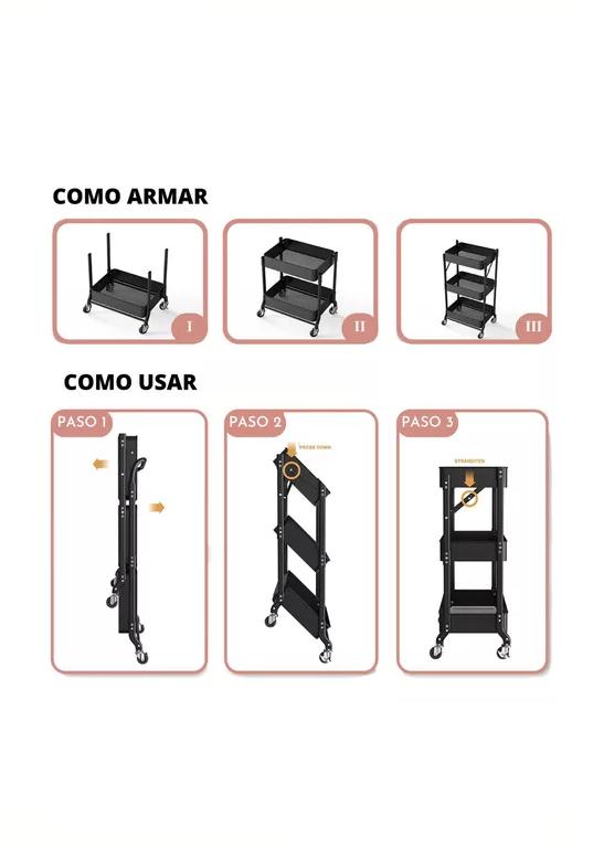 ORGANIZADOR CARRO PLEGABLE MULTIUSO 3 NIVELES NEGRO - 5