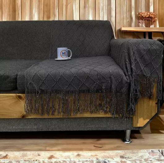 MANTA DECORATIVA TEJIDA PARA SILLÓN, PIECERA O CAMA COLOR GRIS OSCURO - 4