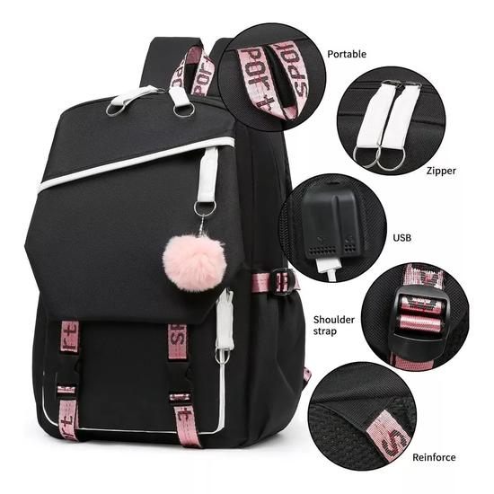 MOCHILA URBANA ESCOLAR CON INTERFAZ USB AUXILIAR COLOR NEGRO - 2