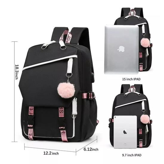 MOCHILA URBANA ESCOLAR CON INTERFAZ USB AUXILIAR COLOR NEGRO - 6