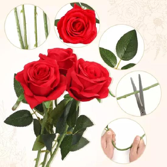 PACK DE 12 ROSAS ARTIFICIALES DE TERCIOPELO EN COLOR ROJO - 4