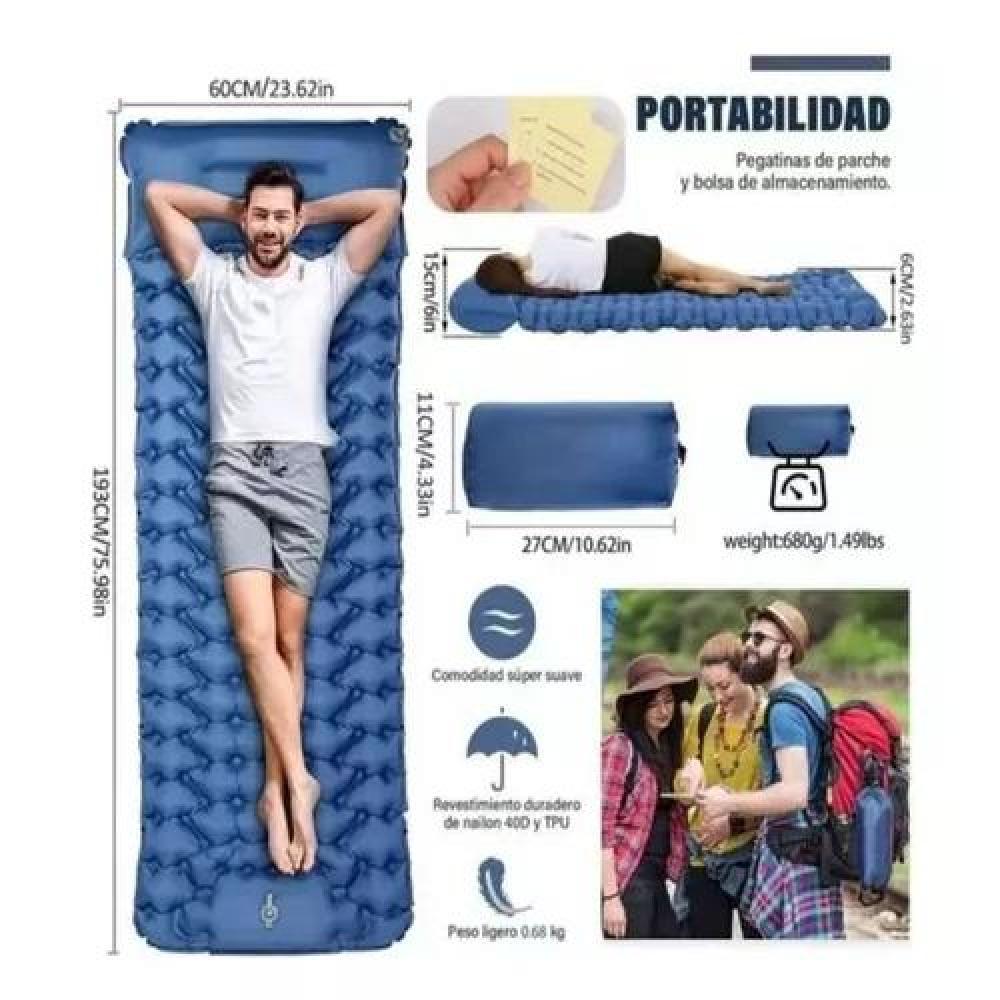 COLCHONETA INFLABLE PLEGABLE PARA ACAMPADA Y SENDERISMO, COLOR AZUL - 2
