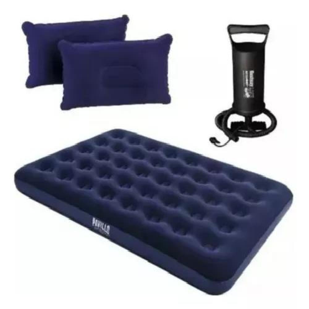 COLCHÓN INFLABLE DOBLE DE 2 PLAZAS, + INFLADOR Y ALMOHADAS, COLOR AZUL - 1