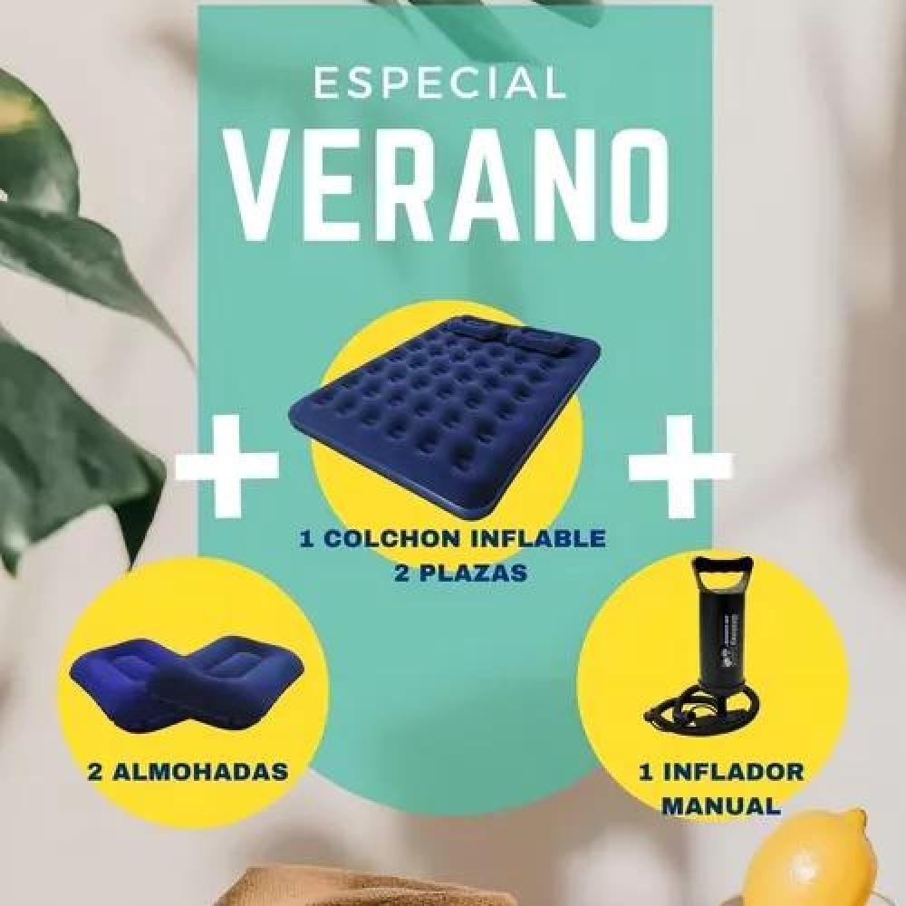 COLCHÓN CAMA INFLABLE DE 2 PLAZAS, + 2 ALMOHADAS, + INFLADOR, COLOR AZUL - 3