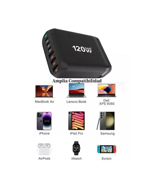 CARGADOR RÁPIDO 120W GAN3 PD 65W, 20V, 6 PUERTOS USB-C, COLOR NEGRO - 2