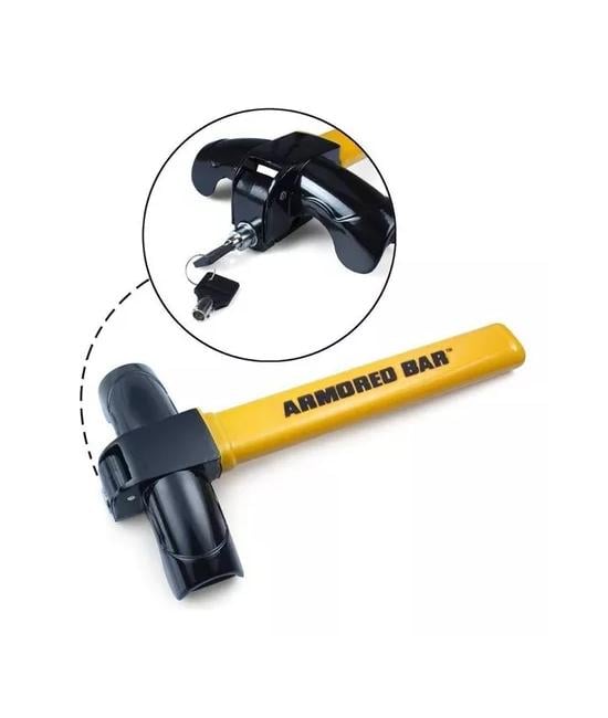 TRABA VOLANTE TIPO CANDADO ANTIRROBO, ACERO CON LLAVE, COLOR AMARILLO - 2