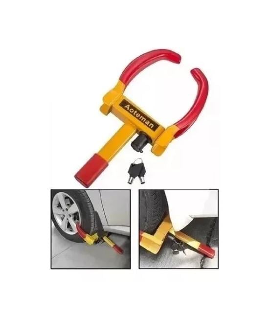 TRABA RUEDA ANTIRROBO PARA AUTO Y MOTO, AJUSTABLE, COLOR AMARILLO - 2