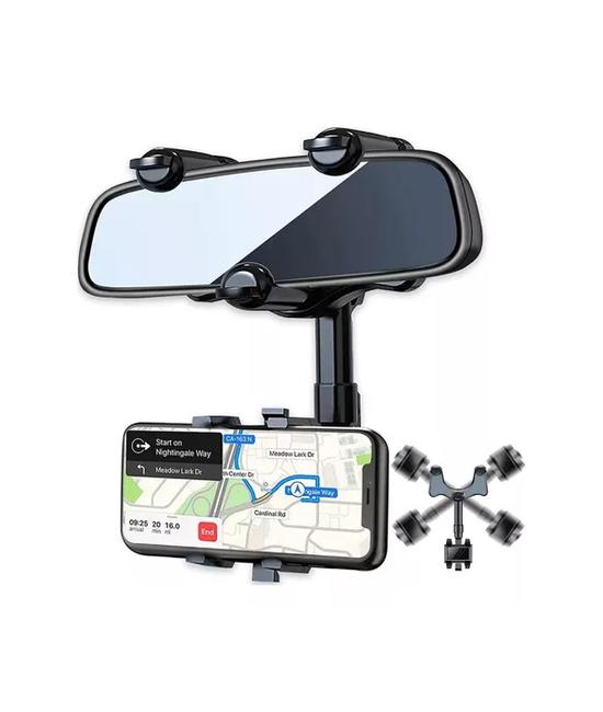 SOPORTE PARA CELULAR EN ESPEJO RETROVISOR 360°, COLOR NEGRO - 1