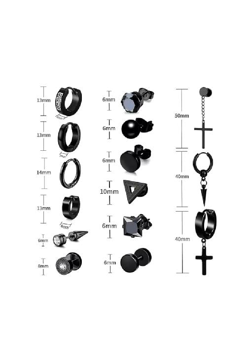 AROS Y PENDIENTES PARA HOMBRE, 15 PARES, COLOR NEGRO - 3