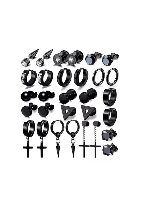 AROS Y PENDIENTES PARA HOMBRE, 15 PARES, COLOR NEGRO - 4