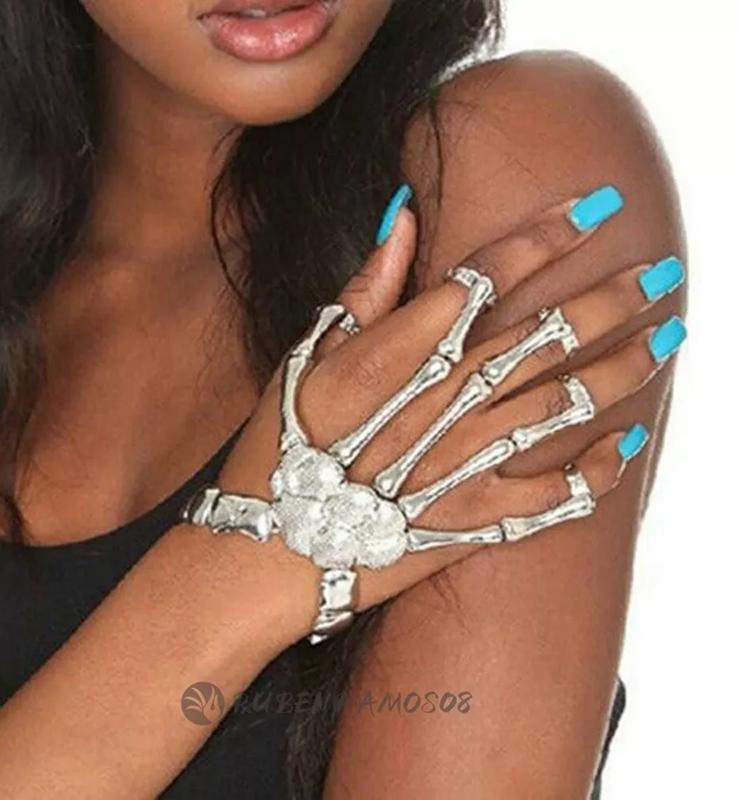 ANILLO Y PULSERA CON CALAVERA PUNK, COLOR PLATA - 5