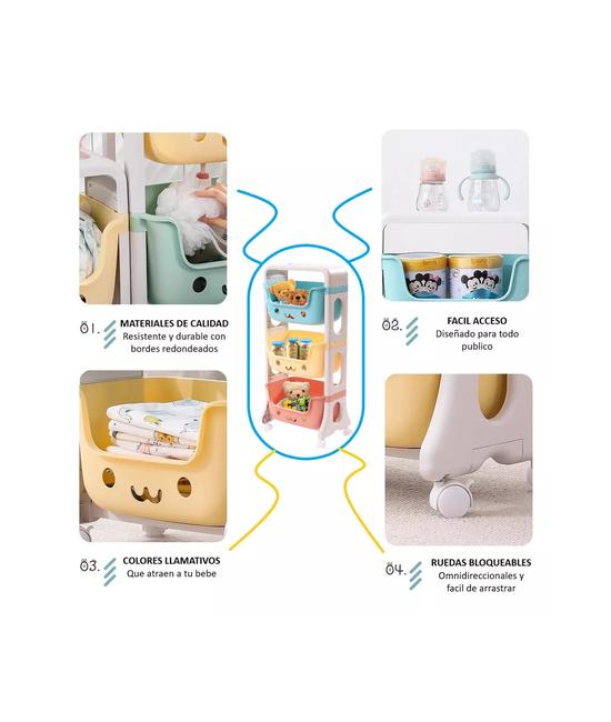 ESTANTE INFANTIL ORGANIZADOR DE JUGUETES 3 NIVELES CON RUEDA, MULTICOLOR - 3