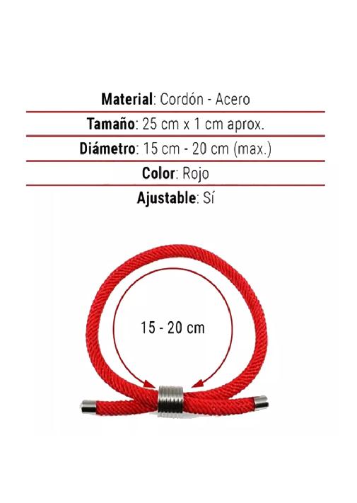 PULSERA DE CORDÓN CON ACERO AJUSTABLE, BUENAS ENERGÍAS, COLOR ROJO - 3