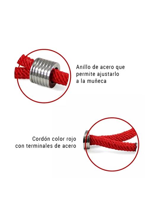 PULSERA DE CORDÓN CON ACERO AJUSTABLE, BUENAS ENERGÍAS, COLOR ROJO - 4