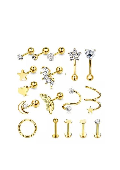 PIERCING Y ARETES PARA OREJA Y CARTÍLAGO, 17 PIEZAS, COLOR DORADO - 3