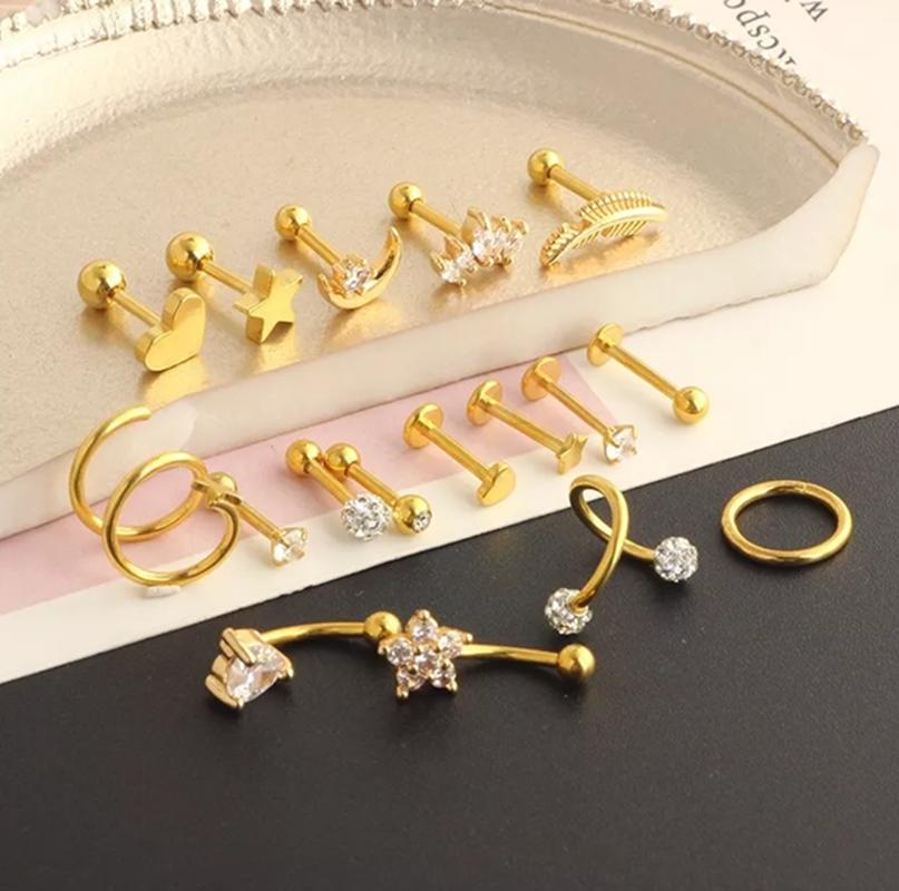 PIERCING Y ARETES PARA OREJA Y CARTÍLAGO, 17 PIEZAS, COLOR DORADO - 6