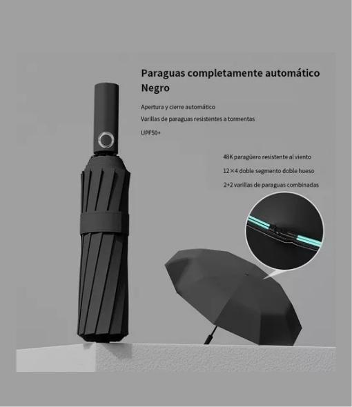 PARAGUAS PLEGABLE AUTOMÁTICO ANTI-VENDAVAL GRANDE 12HUESOS N - 3