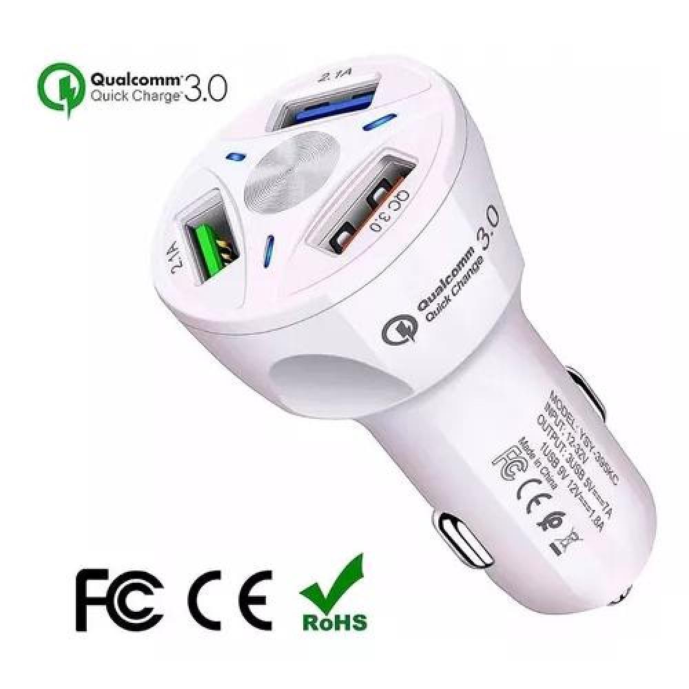 CARGADOR AUTO 3 PUERTOS USB 7A / 12V QC 3.0 CARGA RÁPIDA BLANCO - 3