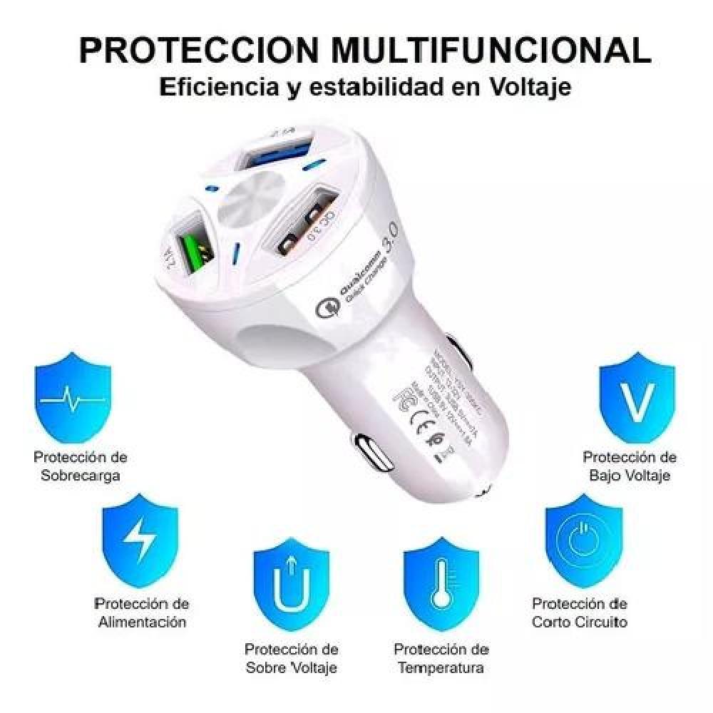 CARGADOR AUTO 3 PUERTOS USB 7A / 12V QC 3.0 CARGA RÁPIDA BLANCO - 4