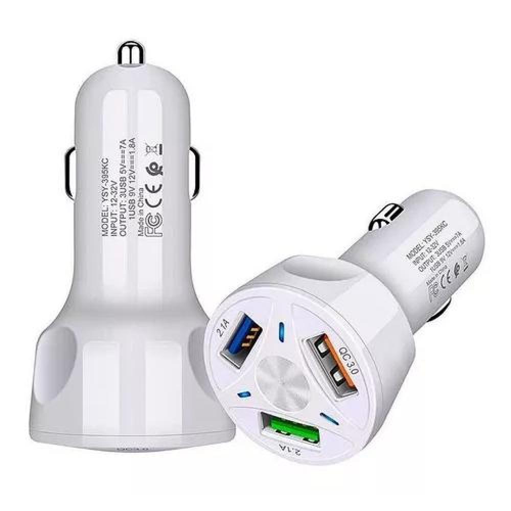CARGADOR AUTO 3 PUERTOS USB 7A / 12V QC 3.0 CARGA RÁPIDA BLANCO - 5