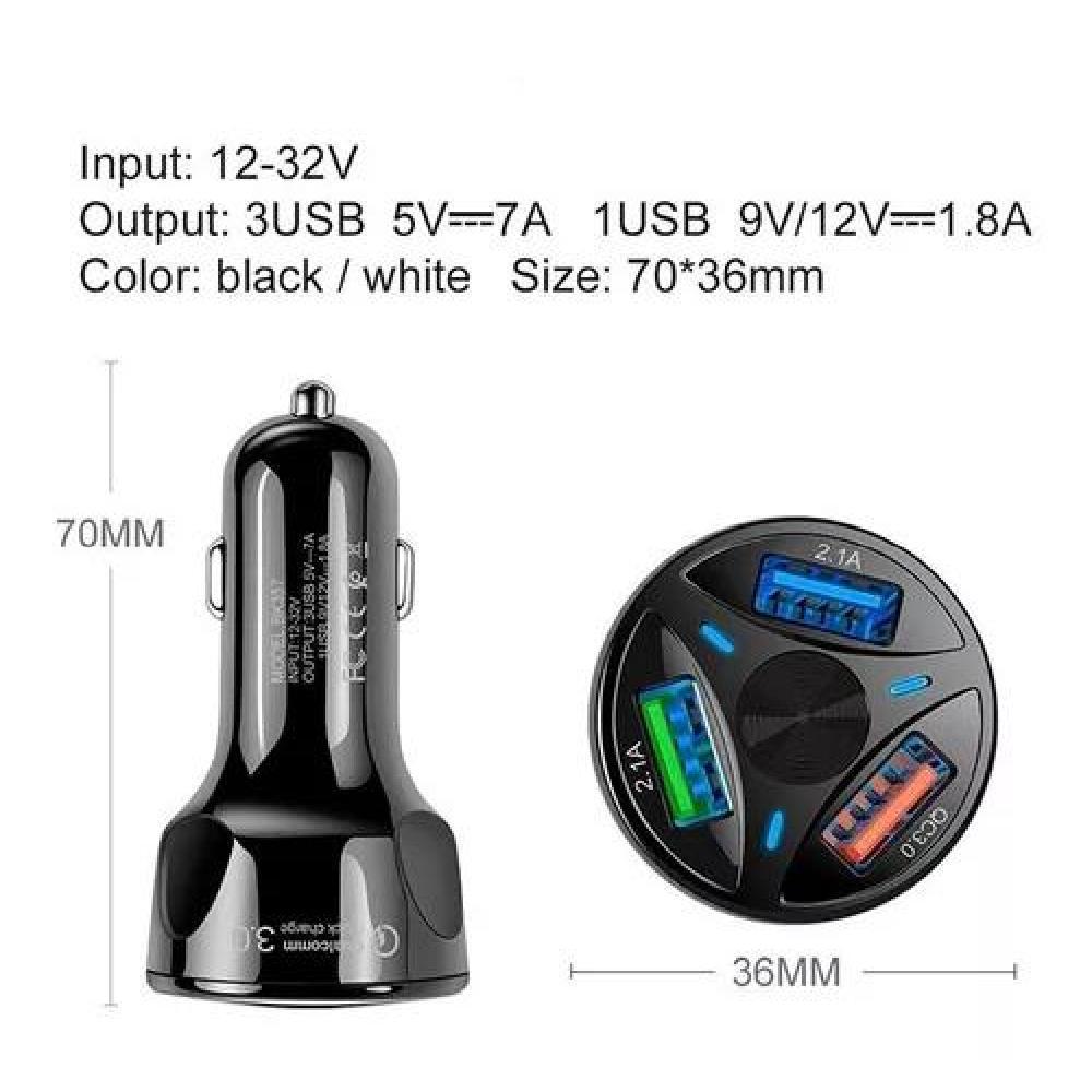CARGADOR AUTO 3 PUERTOS USB 7A / 12V QC 3.0 CARGA RÁPIDA NEGRO - 2